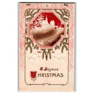 Vintage Embossed Christmas Postcard Dec 25 Winter Village Scene